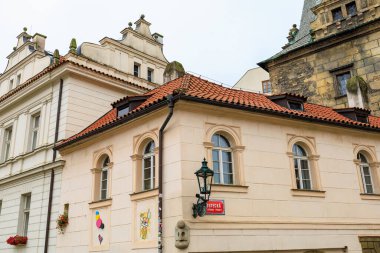 August 24, 2022 Prague, Czech Republic. Houses of old classical European architecture. Background with copy space for text.