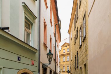 August 25, 2022 Prague, Czech Republic. Houses of old classical European architecture. Background with copy space for text.