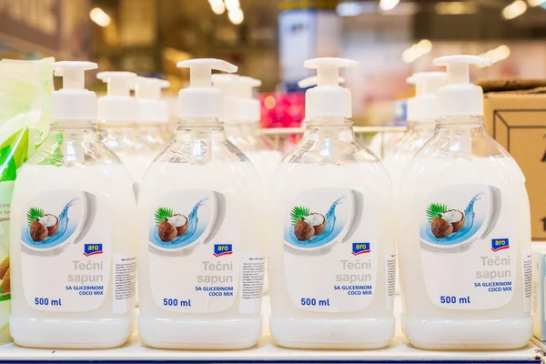 stock image July 7, 2022 Beltsy, Moldova. For illustrative editorial use. Liquid coconut soap with dispensers.