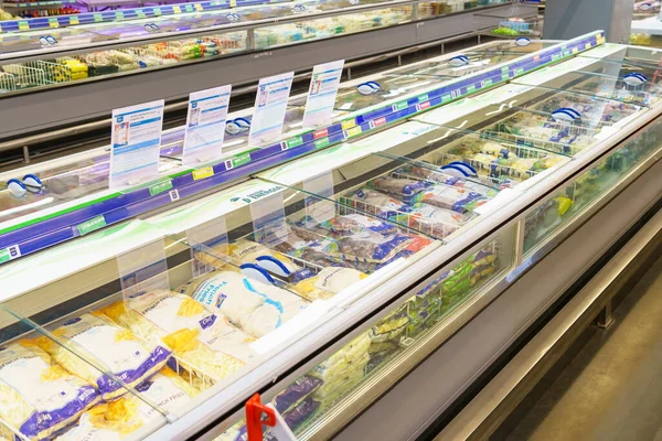 stock image Frozen food department in a supermarket, selective focus. February 2, 2023 Beltsy, Moldova. For illustrative editorial use.