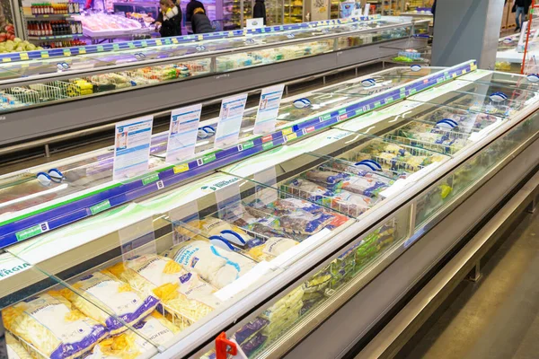 Stock image Frozen food department in a supermarket, selective focus. February 2, 2023 Beltsy, Moldova. For illustrative editorial use.