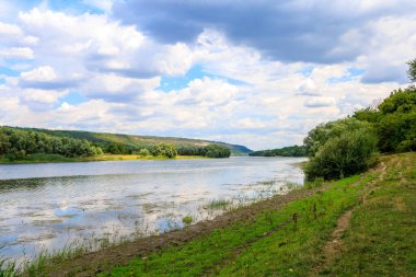 Yürüyüş sırasında nehir manzarası. Seçici odak ve kopyalama alanı olan arkaplan