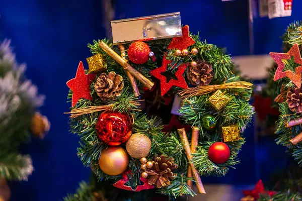 Wreath, Christmas and New Year decorations. Background with selective focus and copy space for text