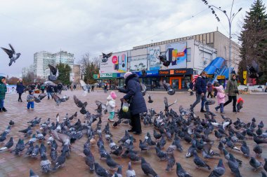 8 Mart 2022 Beltsy, Moldova. Resimli editör kullanımı için. İnsanlar güvercinleri besliyor