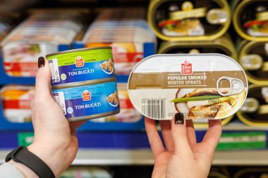 11 Ekim 2023 Beltsy, Moldova. Resimli editör kullanımı için. Konserve balık.