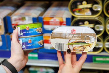 11 Ekim 2023 Beltsy, Moldova. Resimli editör kullanımı için. Konserve balık.