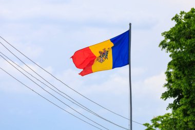 Moldova Cumhuriyeti 'nin bayrağı. Seçici odaklı arkaplan ve metin için alanı kopyala