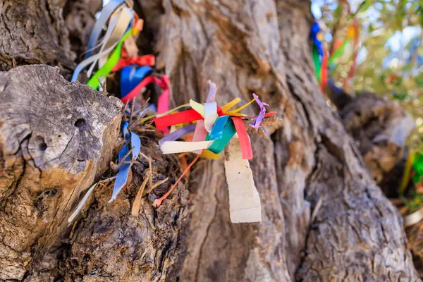 stock image Colored ribbons for good luck, popular customs and superstitions. Background with selective focus and copy space for text