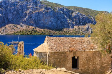 Antik bir şehrin antik kalıntıları. Seçici odaklı arkaplan ve metin için alanı kopyala