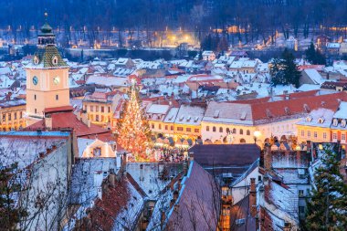 Ortasında Noel ağacı olan bir şehir. Şehir geceleri aydınlık oluyor. Manzara şenlikli ve neşeli. 14 Aralık 2024 Brasov Romanya