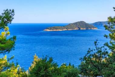 Uzakta küçük bir adası olan güzel mavi bir okyanus. Ada ağaçlarla çevrili ve su sakin. Huzurlu ve huzurlu bir sahne.