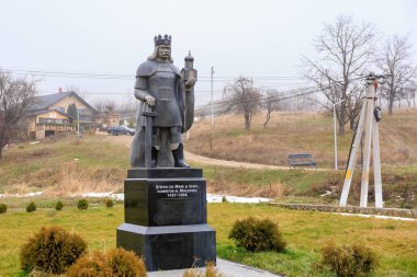 Stefan cel Mare anıtı. 2 Aralık 2023 Capriana Moldova. Metin için kopyalama alanı olan düzenleyici arkaplan