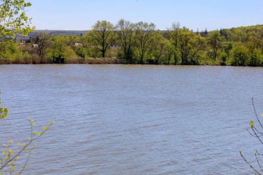 Huzurlu bahar manzarası dingin bir nehir ve yemyeşil ağaçlarla.