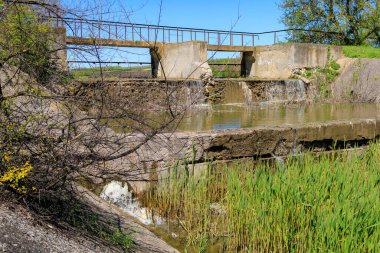 Sakin derenin üzerindeki eski beton köprü yemyeşil bitki örtüsü ve berrak gökyüzü.
