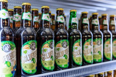 Bir perakende mağazasındaki buzdolabının rafındaki bira şişeleri. 1 Şubat 2024 Balti Moldova.