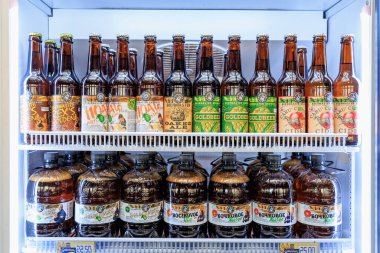 Buzdolabında çeşitli bira ve elma şarabı sergileniyor. 1 Şubat 2024 Balti Moldova.