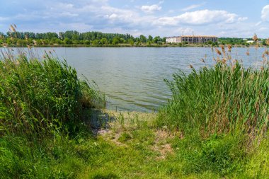 Göl ya da göl. Seçici odaklı arkaplan ve metin için alanı kopyala.