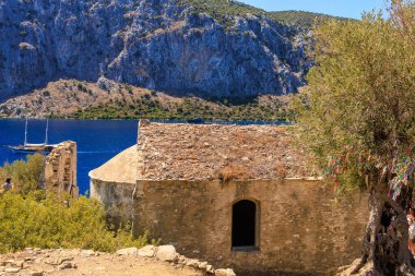 Antik bir şehrin antik kalıntıları. Seçici odaklı arkaplan ve metin için alanı kopyala
