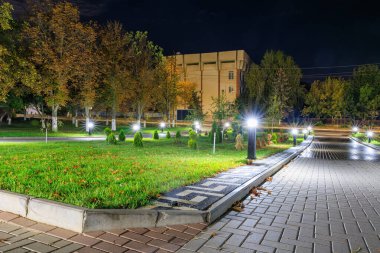 Şehir kaldırımının gece aydınlığı. Seçici odaklı arkaplan ve metin için alanı kopyala