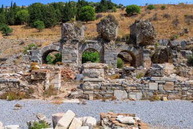 Efes şehrindeki bir su kemerinin antik kalıntıları. Seçici odaklı arkaplan ve metin için alanı kopyala