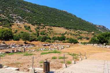 Ephesus antik şehrinin kalıntıları. İnsanlığın Antik Yunan ve Antik Roma 'dan kalma kültürel mirası. Seçici odaklı arkaplan