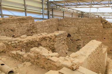 Ephesus şehrinde arkeolojik kazılar. Seçici odaklı arkaplan ve metin için alanı kopyala