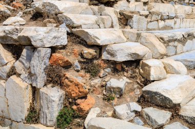 Efes şehrindeki antik amfitiyatro binası. Seçici odaklı arkaplan ve metin için alanı kopyala