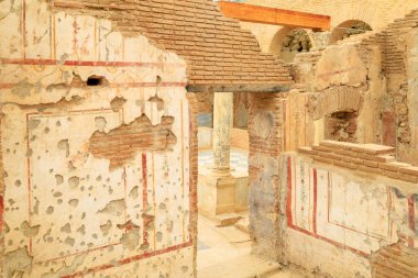 Ephesus şehrinde arkeolojik kazılar. Seçici odaklı arkaplan ve metin için alanı kopyala
