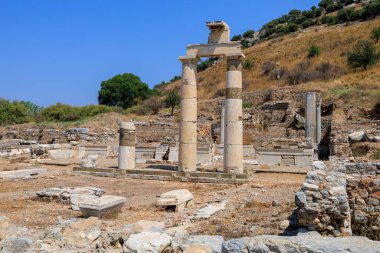 Ephesus antik şehrinin kalıntıları. İnsanlığın Antik Yunan ve Antik Roma 'dan kalma kültürel mirası. Seçici odaklı arkaplan