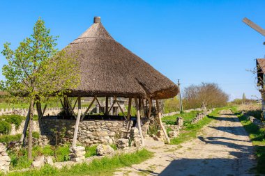 Çardağın kadim sazlık çatısı. Seçici odaklı arkaplan ve metin için alanı kopyala