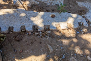 Ephesus antik şehrinin kalıntıları. İnsanlığın Antik Yunan ve Antik Roma 'dan kalma kültürel mirası. Seçici odaklı arkaplan