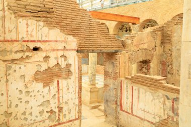 Ephesus şehrinde arkeolojik kazılar. Seçici odaklı arkaplan ve metin için alanı kopyala