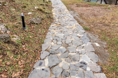 Rustic stone pathway lined with grass and fallen leaves in natural setting. clipart