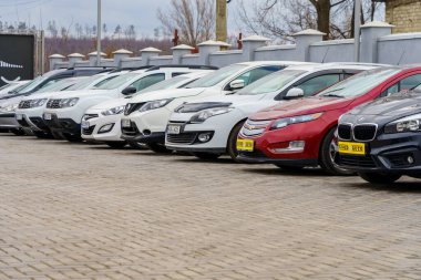 Şehir parkına park edilmiş çeşitli arabalar. 14 Şubat 2023 Balti Moldova.