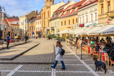 Bir kadın bir köpekle birlikte bir caddede yürüyor. Cadde kafe ve restoranlarla dolu ve gölge için kurulmuş birkaç şemsiye var. 14 Aralık 2024 Brasov Romanya