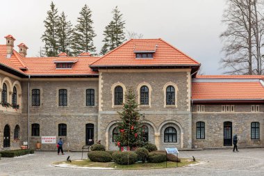 Kırmızı çatılı büyük bir bina, Cantacuzino Kalesi. 15 Aralık 2024 Busteni Romanya.