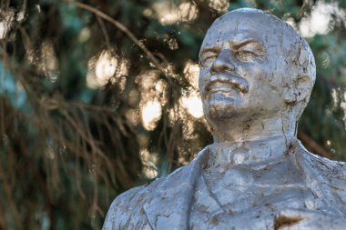 Geçmişi yeşil yapraklarla kaplı bronz bir heykel, Lenin. 13 Ekim 2024 Basarabeasca Moldova.