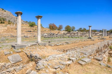 Birkaç sütun ve birkaç ağacın olduğu geniş açık bir alan. Gökyüzü açık ve mavi. Yunanistan 'ın antik Filippi kentinin kalıntıları