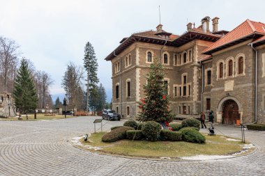 Önünde Noel ağacı olan büyük bir bina. 15 Aralık 2024 Busteni Romanya.