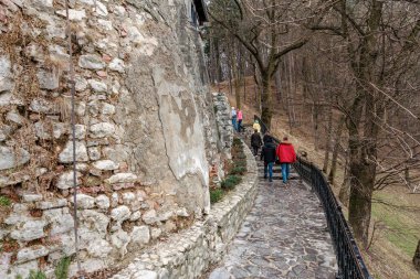 Bir grup insan, Drakula Kalesi 'nde, taştan bir yolda yürüyor. 16 Aralık 2024 Bran Romanya.