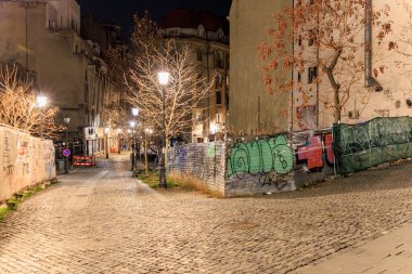 Grafiti ve çıplak ağaçlarla dolu sessiz bir kaldırım taşı caddesi. 8 Mart 2025 Bükreş Romanya.