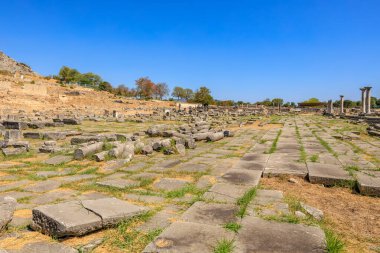 Üzerinde mavi bir gökyüzü olan geniş bir açık alan. Alan büyük taşlarla dolu ve ortasında çimenlik bir alan var. Yunanistan 'ın antik Filippi kentinin kalıntıları