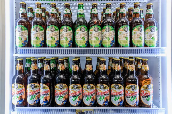 Soğutulmuş raflarda çeşitli Rus biraları sergileniyor. 1 Şubat 2024 Balti Moldova.