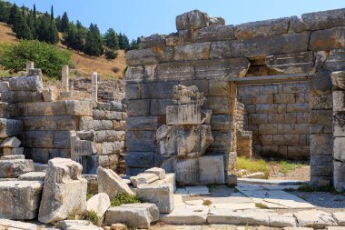 Ephesus antik şehrinin kalıntıları. İnsanlığın Antik Yunan ve Antik Roma 'dan kalma kültürel mirası. Seçici odaklı arkaplan