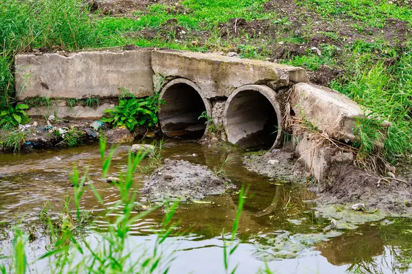 İçinden iki borunun çıktığı kirli, çamurlu bir hendek. Su bulanık ve çimenler büyümüş.