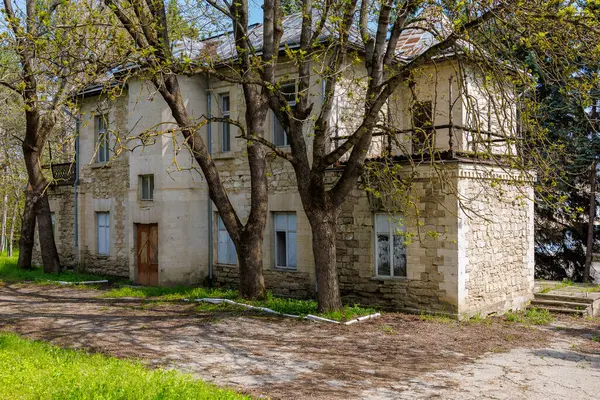 Huzurlu kırsal alanda ağaçlarla çevrili tarihi taş bir ev..