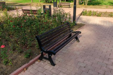 Bir park bankı bir çalılığın önünde oturur. Yedek kulübesi boş. Park sessiz ve huzurlu.