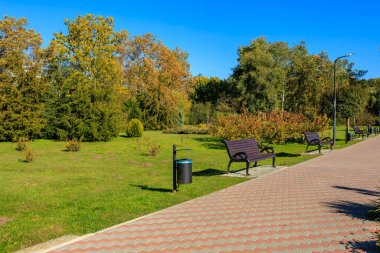 Yeşil çimenli bir arazisi ve tuğla yolu olan bir park. Yürüyüş yolu boyunca birkaç bank var ve yolun ortasına yakın bir çöp tenekesi var. Huzurlu ve davetkar bir sahne.