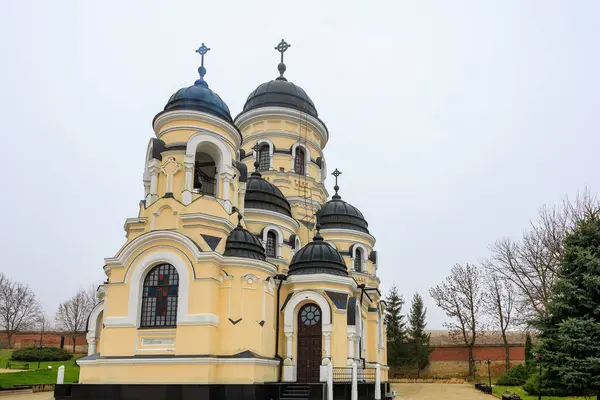 Moldova Cumhuriyeti 'ndeki Capriana Manastırı. Seçici odaklı arkaplan ve metin için alanı kopyala