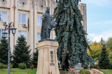 Şehir parkında büyük çam ağaçları olan bronz bir kral heykeli. 13 Ekim 2024 Cimislia Moldova.